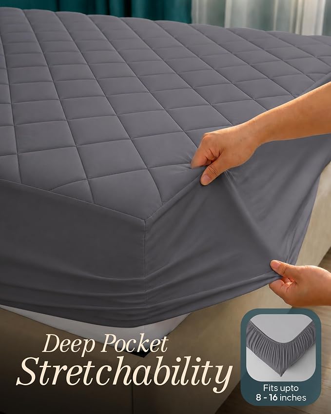 Quilted Fitted Mattress Pad, Full Mattress Protector Topper with Deep Pocket Stretches up to 16 Inches, Machine Washable Mattress Cover by Utopia Bedding (Grey)