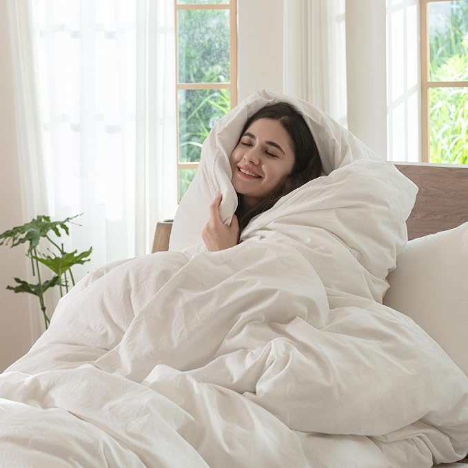MooMee Bedding Duvet Cover Set 100% Washed Cotton Linen Like Textured Breathable Durable Soft Comfy (Solid Off White, Queen 90"x90") | Relaxed Linen-like Texture. Soft, Breathable & Long-lasting Comfort. Lightweight. Hidden Zipper with 8 Interior Corne...