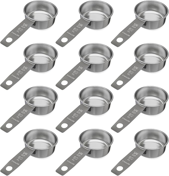 1/4 Cup Stainless Steel Measuring Cup | Sturdy Metal 60 ml | 60 cc | 2 oz | Single Cup for Wet and Dry Ingredients | Great for use as 1/4 Cup Dog Food Scoop - 12 PK