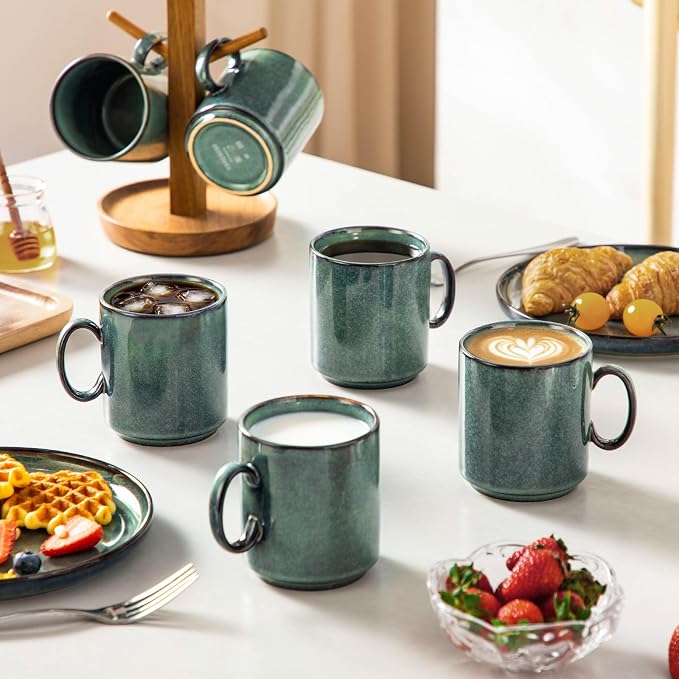 vancasso STARRY Ceramic Coffee Mugs Set of 6, 12 Oz Coffee Cups for Latte, Cappuccino, Tea & Hot Cocoa, Artisan Modern Style for Coffee Bar, Home & Kitchen, Microwave & Dishwasher Safe, Green