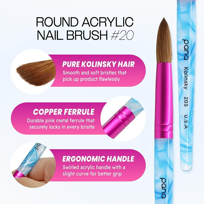 PANA USA Acrylic Nail Brush Pure Kolinsky Hair Acrylic White Swirl Blue Handle with Pink Ferrule Round Shaped - Size 20