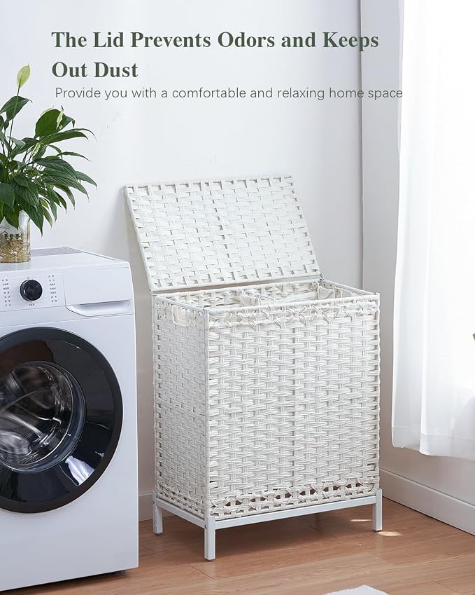 SETVSON Laundry Hamper with Lid, 112 L Handwoven Rattan, Cloud White | 2-Section Large Basket, 2 Removable Liner Bags, 3.34-In Heightened Metal Feet, 6 Mesh Laundry Bags, Side Handles