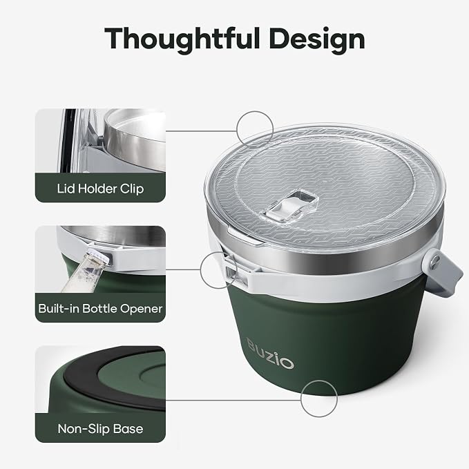BUZIO 7 L Ice Bucket with Lid Scoop & Tongs & Adjustable Shoulder Strap | 7.4 Qt/7 L Insulated Stainless Steel Large Beverage Bucket with Handle (Doulble Wall), for Parties, Cocktail Bar Champagne