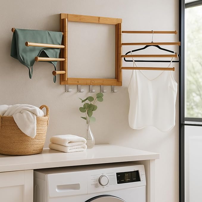 Honey-Can-Do Bamboo Wall-Mount Swivel-Arm Drying Rack, 80 lb, Natural | Wall-mount bamboo rack with 8 swivel arms holds 80 lb; folds to 1.7 in deep. Ships assembled with 5 steel hooks.