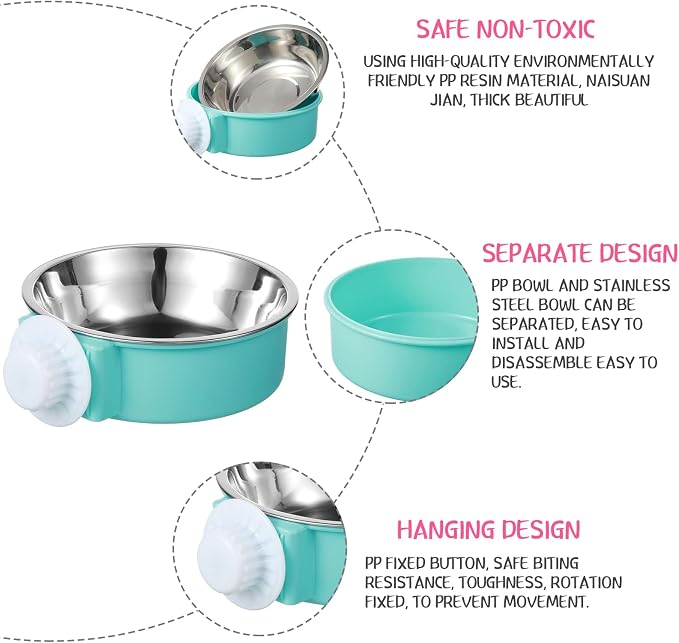 24 Pcs Crate Bowls Bulk Puppy Dog Bowls for Kennel Removable Stainless Steel Crate Water Bowl Kennel Hanging Food Feeders Coop Cup for Cat Puppy Rabbit Birds Ferret Guinea Pigs