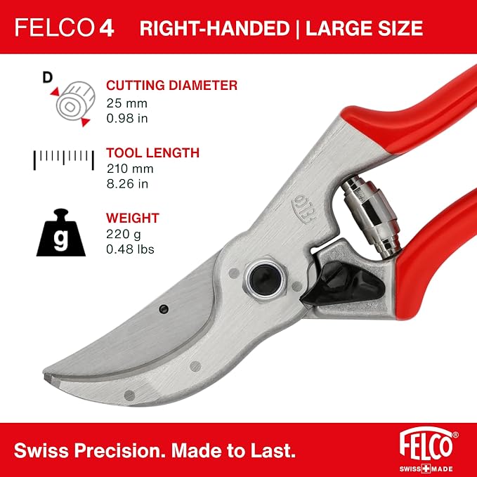Felco F4 Pruning Shears – 9.25" Swiss-Made Garden Clippers for Pruning | Hand Pruners for Gardening | Garden Tool Cutter with Precision Bypass Blade, Aluminum Body, Replaceable Parts, Nut/Bolt Model