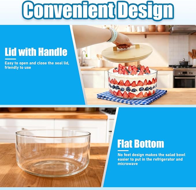 Acelane 10 Inch Glass Trifle Bowl with Sealed Lid, Large Salad Bowl, Modern Versatile Mixing and Serving Bowl for Salad, Dessert, Laying Ice Cream, Cake and Party, Home, Microwave & Dishwasher Safe