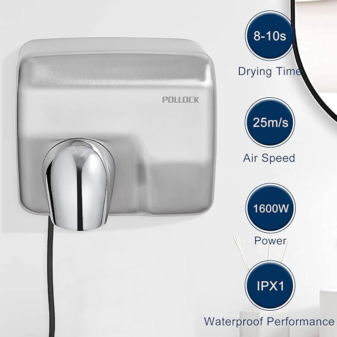 Commercial Hand Dryer Wall Mounted,Stainless Steel Electric Hand Dryer for Bathroom,1600 W Automatic High Speed Warm Wind Hand Blower,110V Plug in,8-10s Second Dry,for Industry Business Restrooms