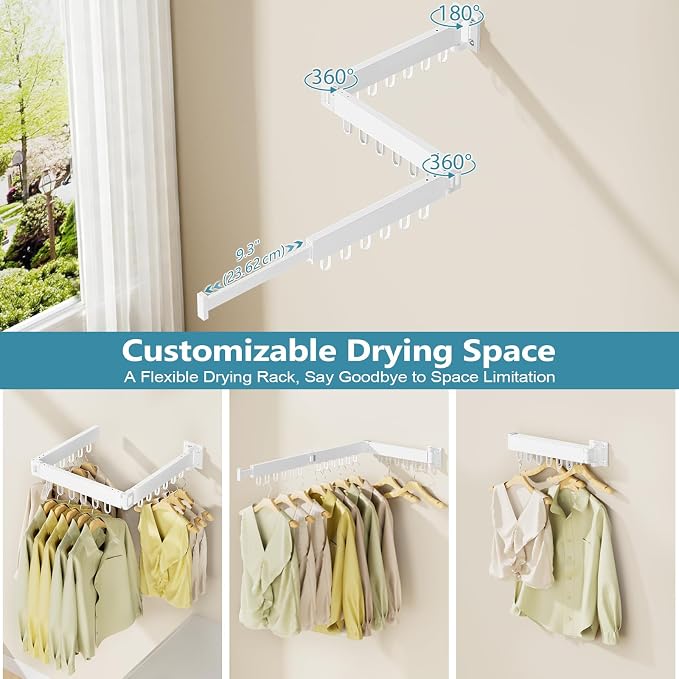 Clothes Drying Rack Wall Mounted, Space-Saving Drying Rack Clothing, Collapsible Foldable Retractable Laundry Rack with 18 Hooks, Indoor/Outdoor, White