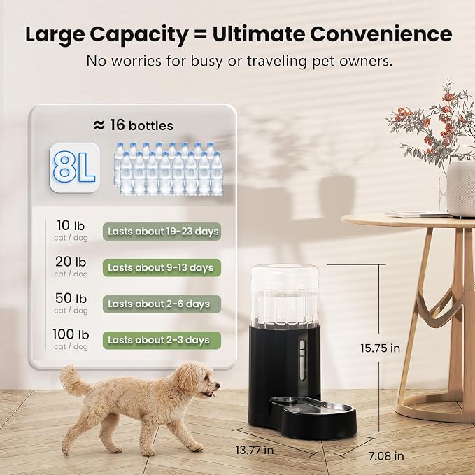 CZPET Dog Water Bowl Dispenser 8L, Wider Mouth Gravity Refilling (Black) | With Stainless Steel Bowl Gravity Waterer, Large Capacity and Drinking Area Noise-Free for Pets