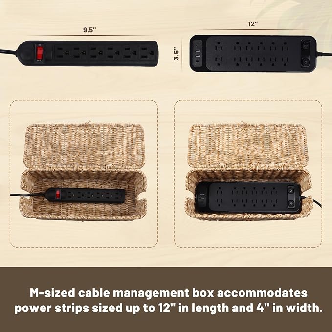 BROWNLILY Cable Management Box, Rattan Style Cord Organizer for Desk Cord Hider Outlet Covers for Power Strip TV PC Router Charger Under Desk Storage - Natural Small