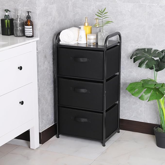 MAX Houser Dresser Storage with 3 Fabric Drawers, Black | Vertical Storage Unit for Bedroom,Chest of Drawers with Metal Frame, Wooden Tabletop, for Living Room, Closet