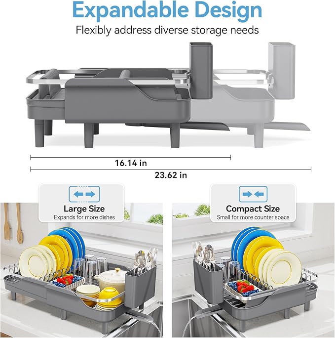 Urackify Expandable Dish Drying Rack for Kitchen Counter,16.2-23.7in,Grey | Adjustable Capacity, Countertop-Stay-Dry Drainboard, Heavy-Duty Steel, Stable Plate Rack, Spave Saving for Apartment,RV,Dorms