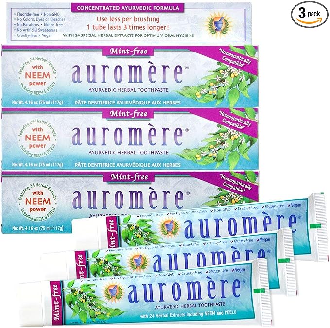 Auromere Ayurvedic Herbal Neem & Clove Toothpaste - Mint-Free, 3 Pack | All Natural Fluoride Free Toothpaste for Adults and Kids, Suitable for Sensitive Teeth, SLS-Free, Non GMO, Vegan Cruelty-Free