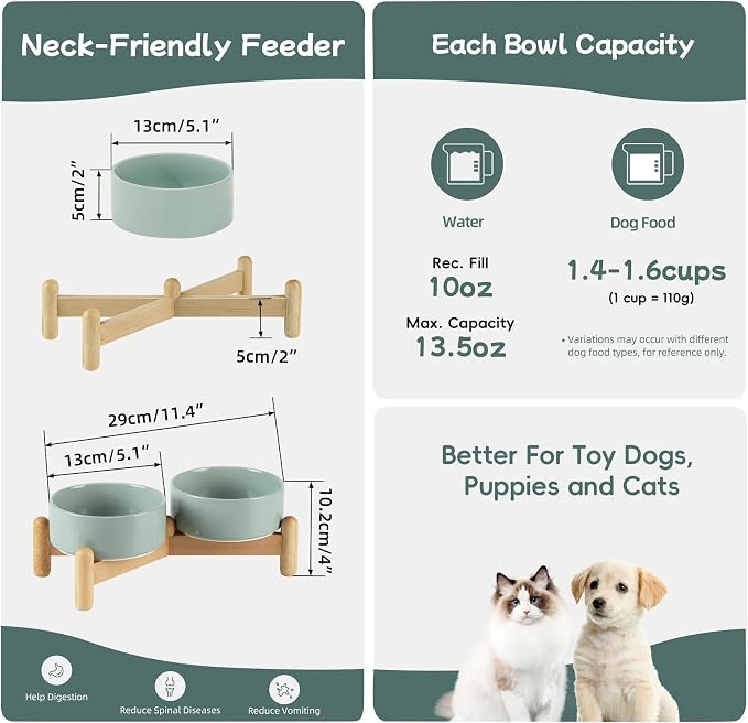 Havniva Elevated Dog Bowls Ceramic Dog Bowls with Stand, Dog Food Bowl | 5.1” Raised Dog Bowls with Non-Slip Wood Stand, Dog Food and Water Bowl Set, Double Dog Feeding Bowls for Small Dogs