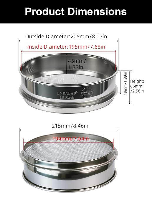 All 304 Stainless Steel 18 Mesh Test Sieve (1.0mm Aperture), 8 Inch/20cm Diameter, Lab Sifter & Soil Strainer, Standard Analysis Screen for Coarse Powder & Geology