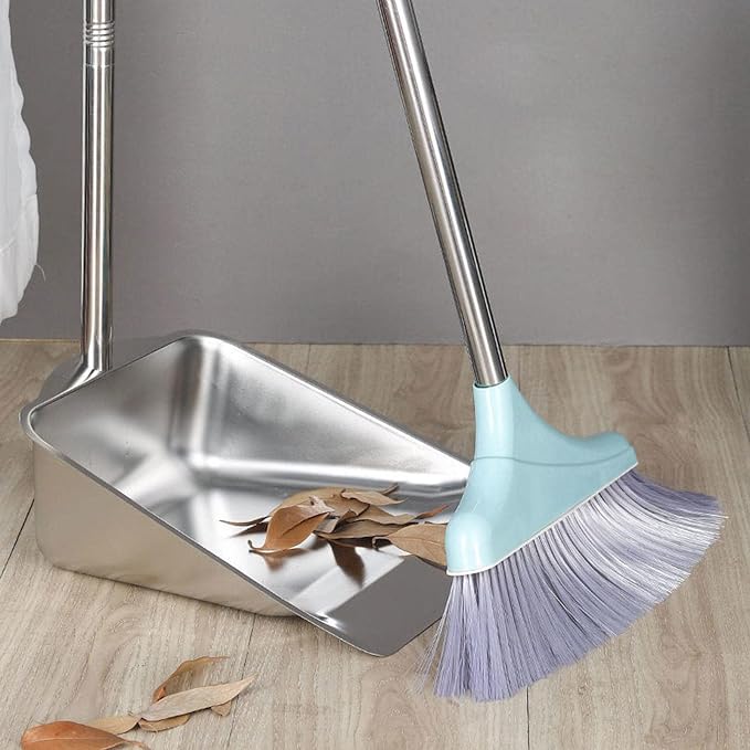 Broom and Dustpan Set with Long Handle for Home, Heavy Duty Stainless Steel Dustpan with Broom, Upright Standing Dust Pan for Sweeping Kitchen and Home Kitchen Office Lobby Flool,A