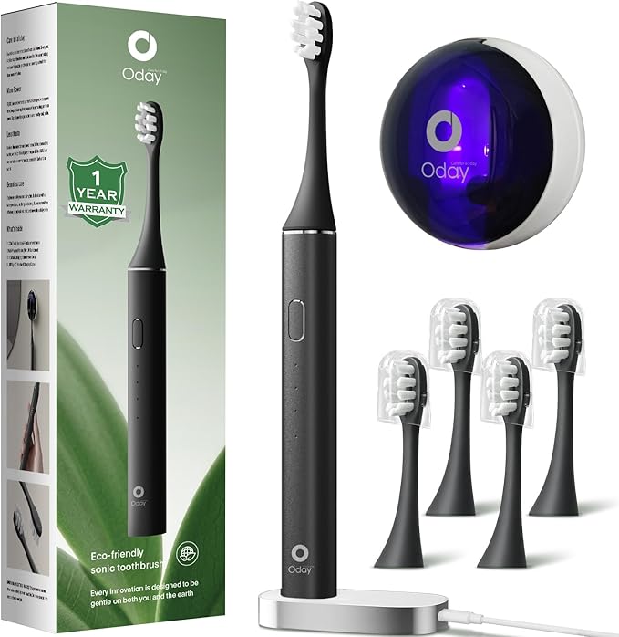 Oday Rechargeable Electric Toothbrush for Adults with Wall Mounted UV-Cleaning Tooth Brush Protector Case and 4 Brush Heads, Smartimer, IPX7 Waterproof, 1 Month+ Battery, Sleek Aluminum Body Black