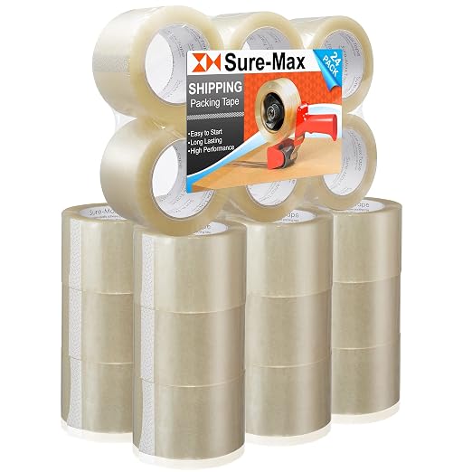 Sure-Max 24 Rolls Extra-Wide Shipping & Packing Tape (3" x 110 yard/330' Each) - Moving & Adhesive Carton Sealing - 2.0mil Clear
