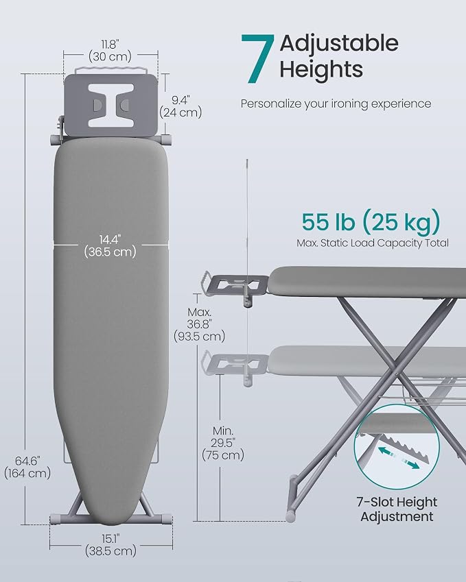 SONGMICS Folding Ironing Board Full Size, 14x54, 7-Level Adjustable Height Iron Board with Iron Rest, Cord Holder, Storage Rack, Steel, for Laundry Room, Gray, Borix Collection ULLB009GD01S