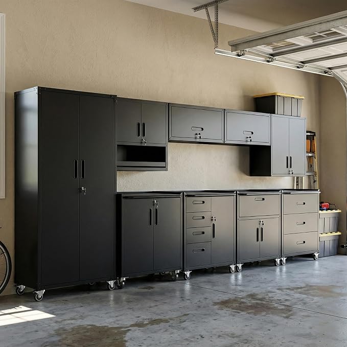9-Piece Heavy Duty Steel Garage Cabinet System | All-in-One Modular Garage Cabinet Set for Ultimate Workshop Organization | Easy Assembly Garage Storage Cabinets & Tool Bench (Black)