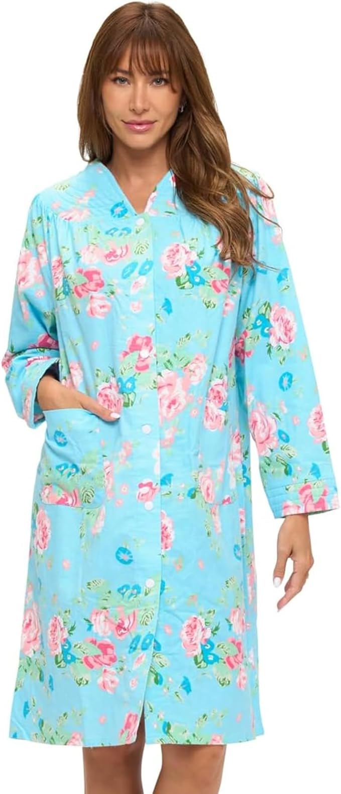 Casual Nights Women's Floral Snap Front Flannel Duster Long Sleeve Lounger Dress
