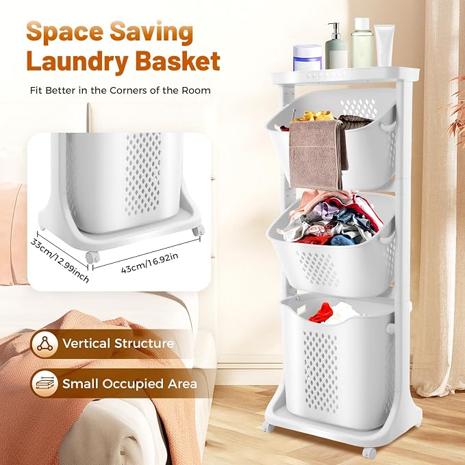 3 Tier Rolling Laundry Hamper Large Capacity Clothes Storage Basket Sorter Cart,White Organizer Shelf with Handle,Household Utility Basket for Bathroom Bedroom Kitchen Laundry Room