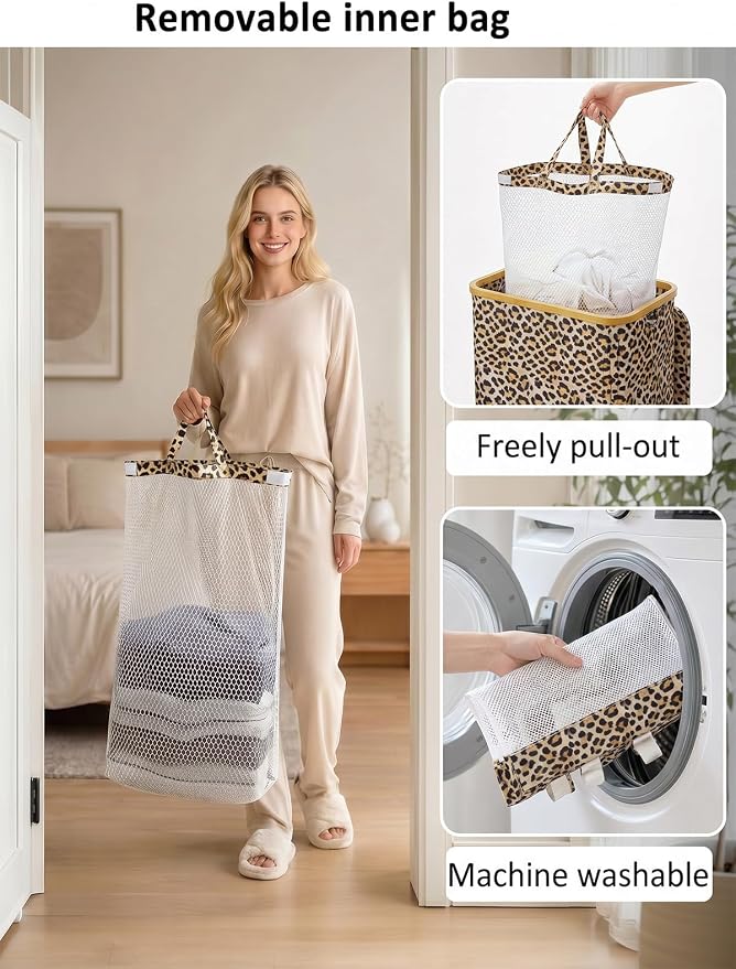 iEGrow Laundry Hamper with Lid, 110L Large Laundry Basket with Handle, Collapsible Clothes Basket Organizer with Removable Inner Bag for Clothes Towels - Leopard print