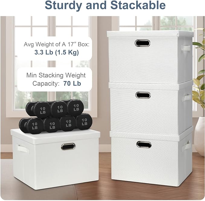 Graciadeco Large 17" 36 Quart Collapsible Stackable Storage Bins with Lids, 1 Pack White Foldable Fabric Closet Storage Boxes with Lids, 4 Handles Heavy-duty Linen Cube Baskets for Bedroom