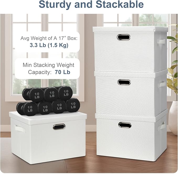 Graciadeco Large 17" 36 Quart Collapsible Stackable Storage Bins with Lids, 3 Packs White Linen Fabric Closet Boxes with Lids, Storage Cube Baskets Container Organizers for Bedroom Office(17 x12 x11)