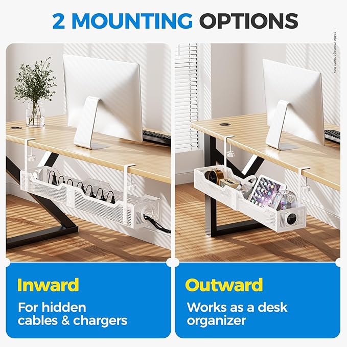 [Upgraded] 25" Extra Large Under Desk Cable Management, Cinati Wire Organizers No Drill, Cable Tray with Clamp for Wire Management, Cord Organization Box for Office, Home - No Damage to Desk(White)