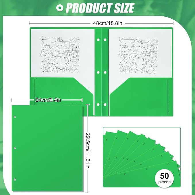 Yeaqee 50 Pcs Plastic Folders with Pockets Bulk 3 Hole Punched 2 Pocket File Folders for 3 Ring Binder Divider Folder for Notebooks, Durable Poly for Office Home (Green)