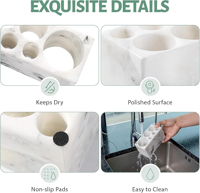 BCS Toothbrush Holder for Bathrooms, 6 Slots Open-Bottom Marble Toothbrush Organizer, Makeup Brush Stand Toothbrush Storage Collection for Bathroom Countertop Vanity Organization - Grigio Fantasy