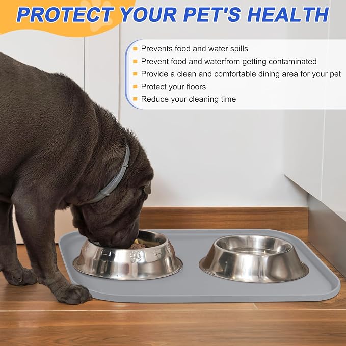 SMILOOL Waterproof Silicone Pet Food Mat with Raised Edge for Dog & Cat | 19" x 12" Non-Slip Pet Feeding Mats with Lip for Food & Water Bowl, Food Grade, Easy Cleaning, Light Gray