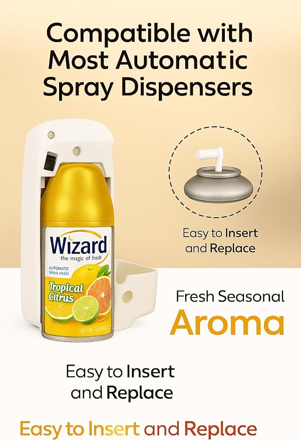 Wizard Automatic Spray Refill – Tropical Citrus, 5 oz (12 Pack) | Compatible with Air Wick Freshmatic & Glade Dispensers | Long Lasting Odor Neutralizer for Home & Office