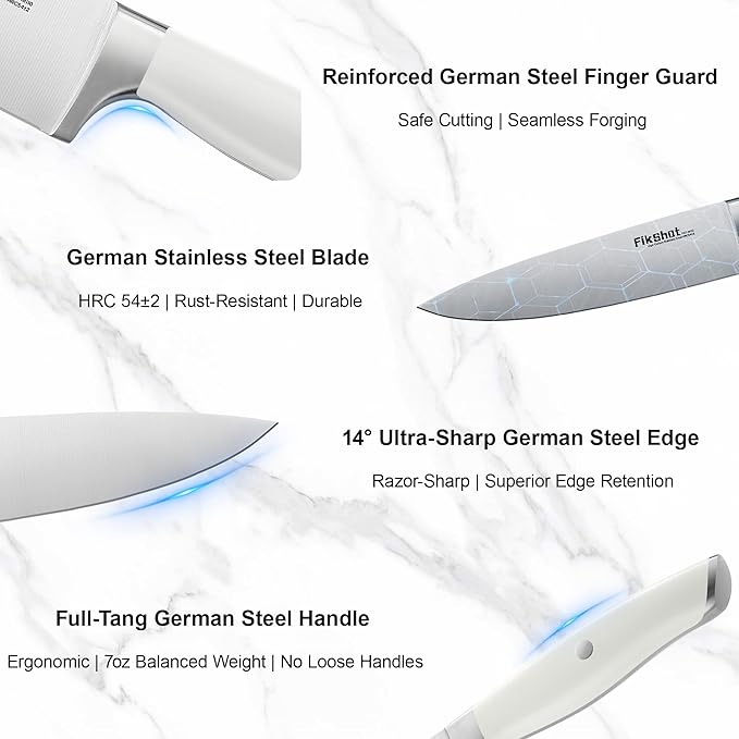 Fikshot 14-Piece Knife Set – German High Carbon Stainless Steel, White | Professional Chef Knives with Block & Sharpener, Dishwasher-Safe, Modern Kitchens, Ideal Gift for Chef & BBQ Festival