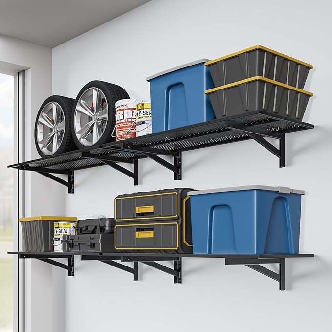 Jusgym 4 Pack Heavy Duty Garage Wall Shelving (1.5x4ft), 1400lbs Capacity Garage Shelving Wall Mounted, 18"x96"Garage Storage Rack Floating Shelves, Black