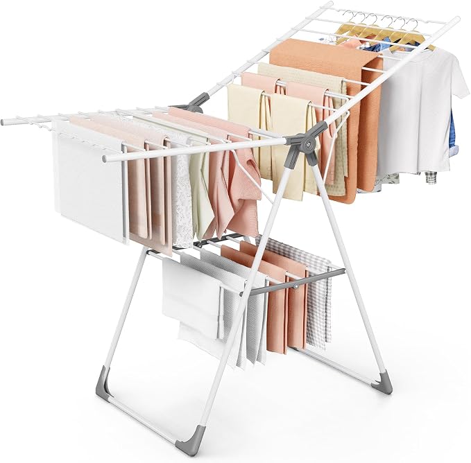 Sakugi Clothes Drying Rack with Height-Adjustable Wings, Metal Foldable Laundry Dryer Stand for Clothing & Bedding, Free-Standing Collapsible for Indoor & Outdoor Use, 55.5" L × 22.8" W, White Gray