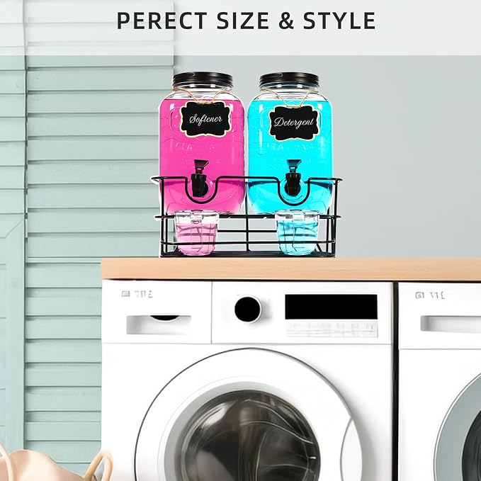 Roetell 2 Sets 1 Gallon Laundry Detergent Dispenser with Stand, Measuring Cup, Glass Laundry Detergent Containr for Laundry Room Organization