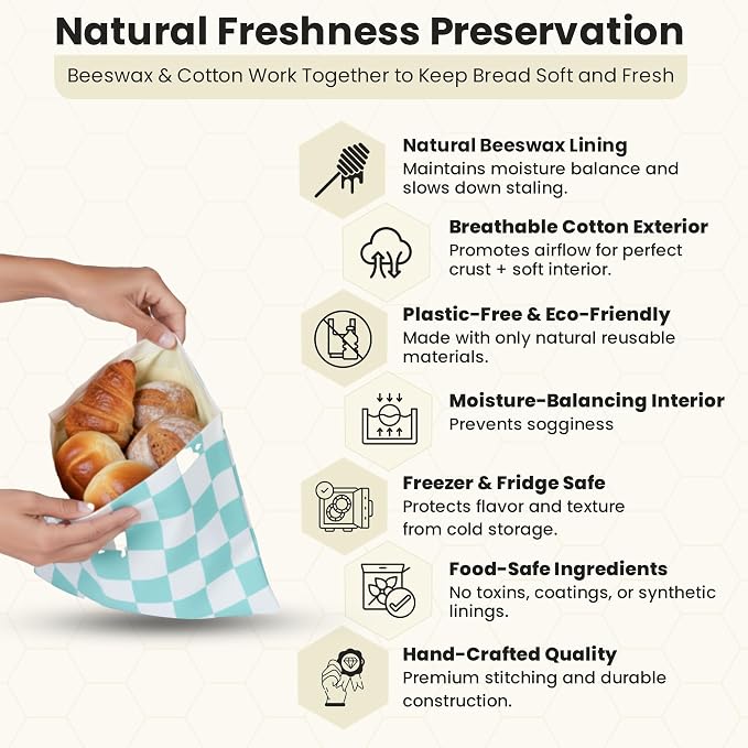 3-Pack Premium Reusable Beeswax Bread Bags for sourdough (XL, M, S) | 100% Organic Cotton, Secure Lock Closure, Freezer-Safe, Bread Storage, Breathable & Freshness Support, Eco-Friendly Bread Bag