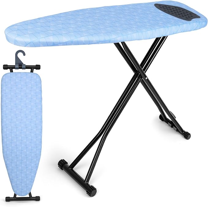Ironing Board with Silicon Iron Mat Heavy Metal Frame Legs Iron Stand for Home, Laundry Room, Foldable Compact Ironing Board Wall Mount Hanger, Height Adjustable, 13x43in