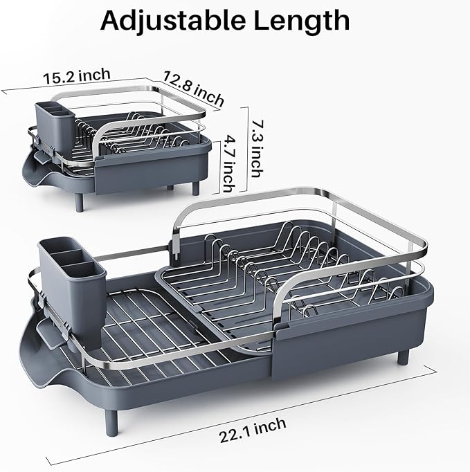 SNTD Dish Drying Rack, Expandable Dish Rack for Kitchen Counter, Stainless Steel Dish Drainer with Drainboard Set and Utensil Holder (Gray)