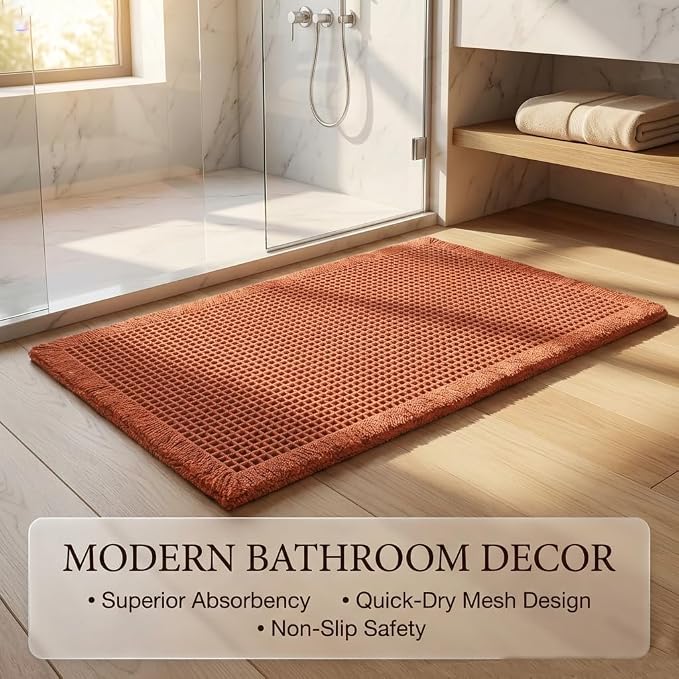 IM HOME Waffle Bath Mat Burnt Orange 36"x24", Boho Woven Modern Bath Mat Rugs, Absorbent Non Slip Bathroom Rugs, Soft Washable Bath Rugs with Tassels for Bedroom, Kitchen, Shower, Tub