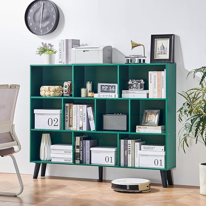LEYAOYAO 10 Cube Bookshelf,Mid-Century Modern Bookcase with Legs,Dark Green | 3 Tier Book Shelf, 55" Wide Rustic Wood Bookshelves Large Storage Organizer, Open Shelves for Bedroom, Living Room, Office