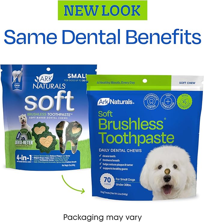 Ark Naturals Soft Brushless Toothpaste - Large Breeds (55 ct) | Vet Formulated Soft-Baked Dog Dental Chew with Toothpaste Center – Freshens Breath, Reduces Plaque & Tartar