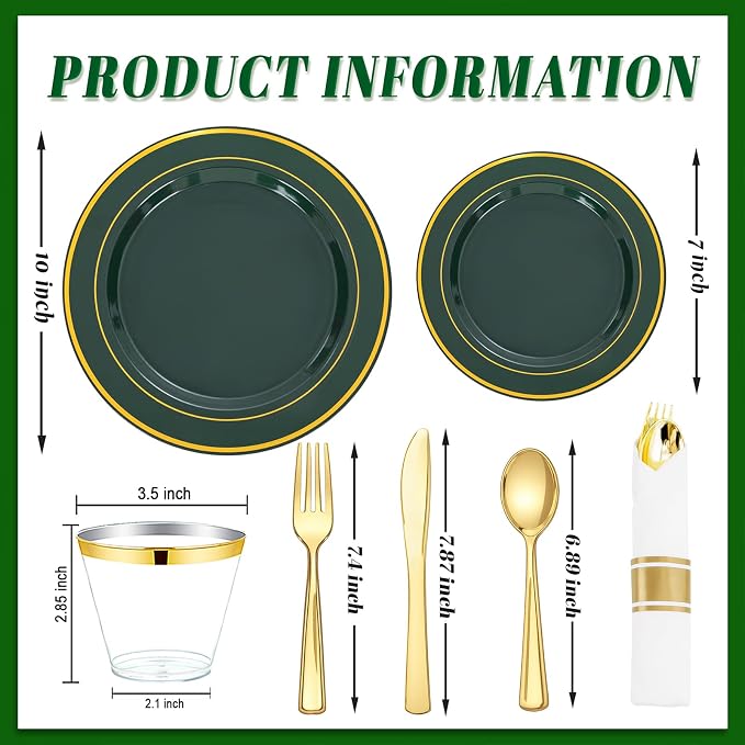 WDF Partyware 350PCS Green and Gold Plates - Green Plastic Plates 50Guests Plastic Plate with Rolled Napkins for Party/Birthday/World Cup 2026