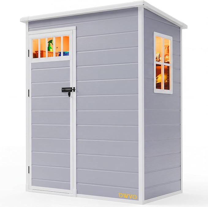 DWVO 5x3FT Outdoor Storage Shed with Fence-Style and Side Windows, Floor & Lockable Doors, Resin Storage Shed for Backyard and Garden, Gray