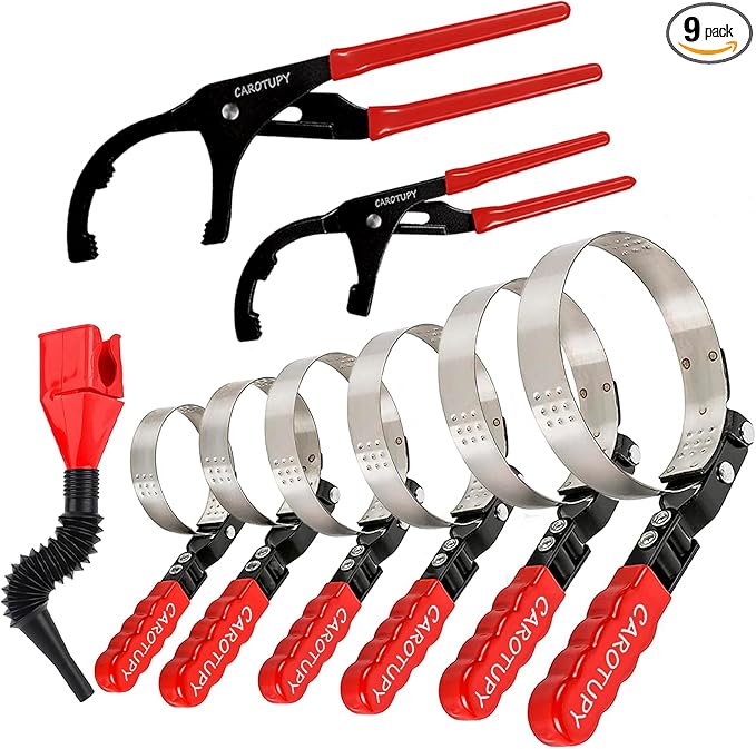 9pcs Oil Filter Wrench Set, 9" and 12" Oil Filter Pliers with Oil Snap Funnel for Automotive Oil Change, Adjustable Oil Filter Removal Tool From 1-3/4" to 6"