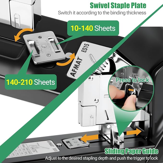 AFMAT Heavy Duty Stapler, 210 Sheet Effortless Stapler for Desk, 60% Reduced Effort, Jam Free, 50,000+ Uses, Adjustable Paper Depth, Metal Desktop Staplers for Office, Includes 7000Pcs Staples, ES15
