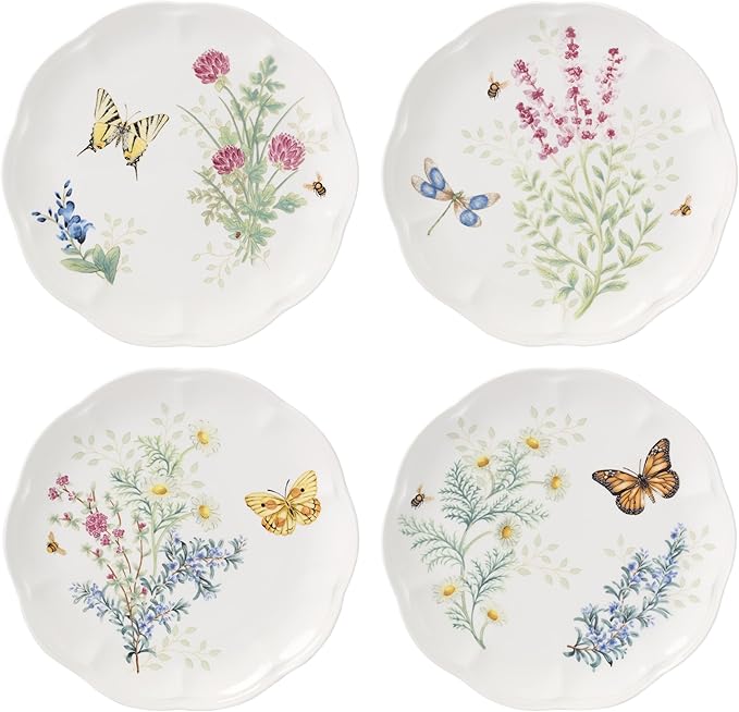 Lenox Butterfly Meadow Herbs Accent Plates, Appetizer Plate Set for 4 | porcelain, dishwasher safe, microwave safe | also great as a dessert plate for salad or bread, salad plates